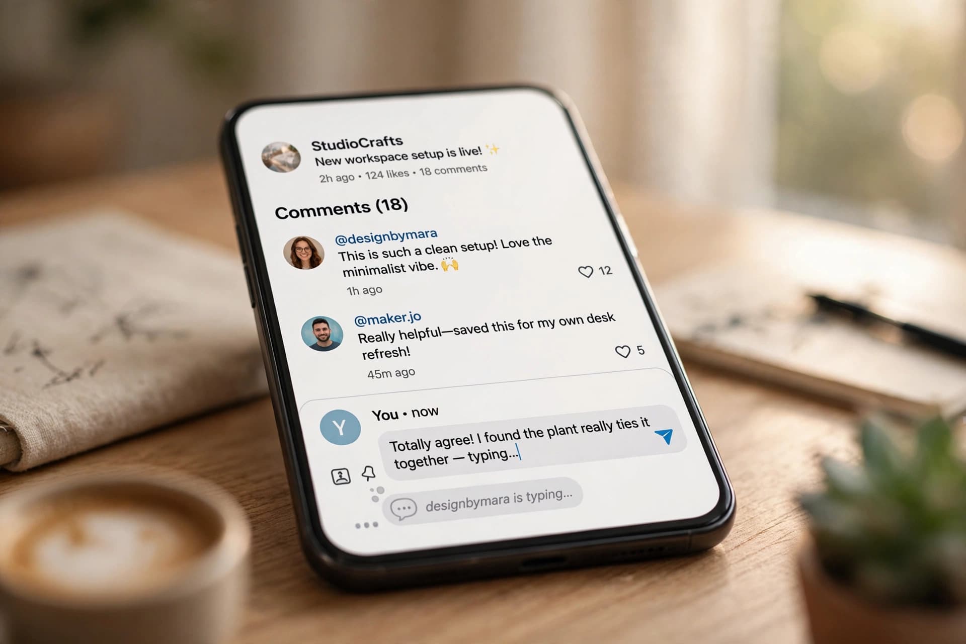A phone showing social media comments being answered