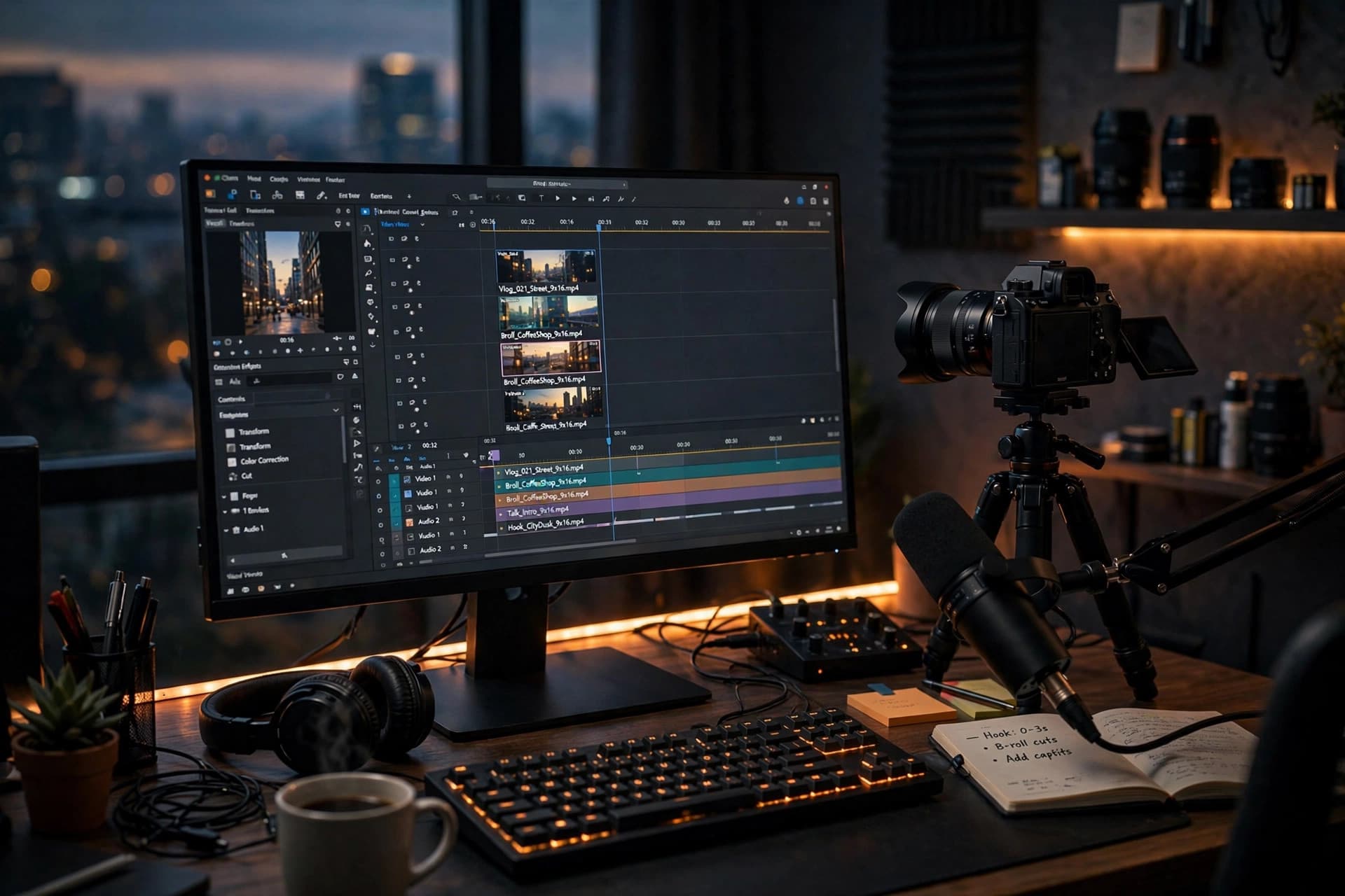 A creator's desk with a video editing timeline of vertical clips
